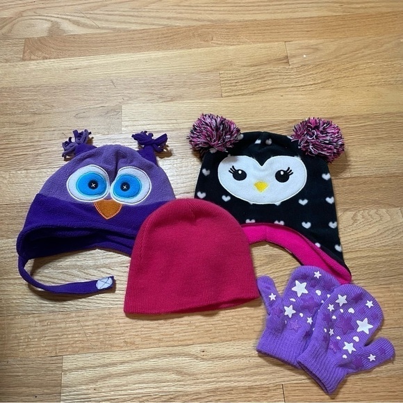Toddler Hat Mitten Bundle Lot Owl Penguin Pink Purple Black Knit Winter - Picture 2 of 6